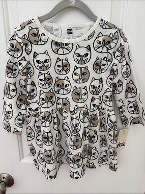Tea Collection White Long Sleeve Dress with Multi-Color Cat Faces